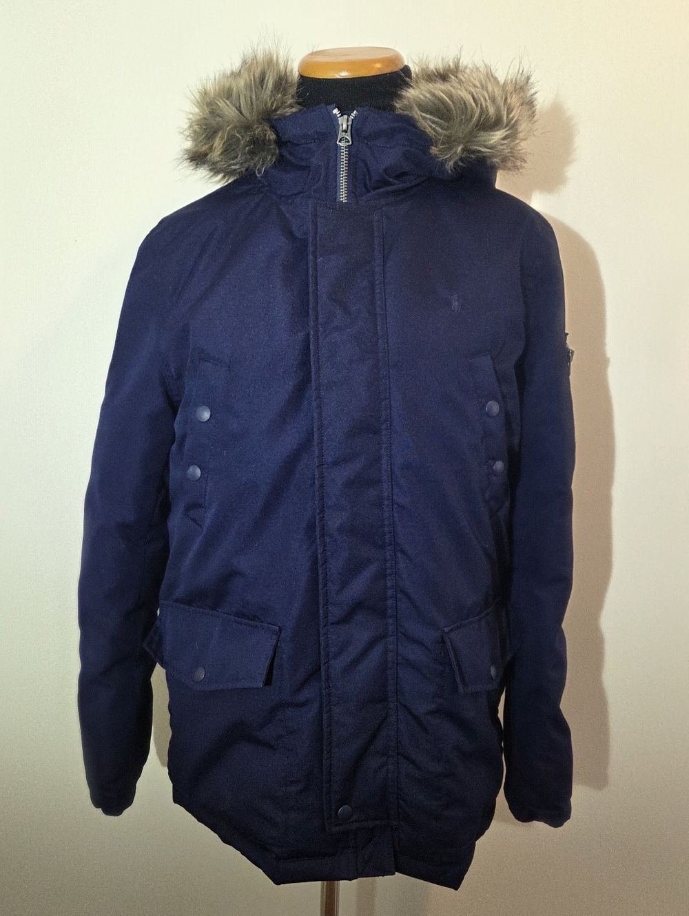 Polo Ralph Lauren Boys Navy Hooded Parka Jacket with Faux Fur Trim Hood Size L